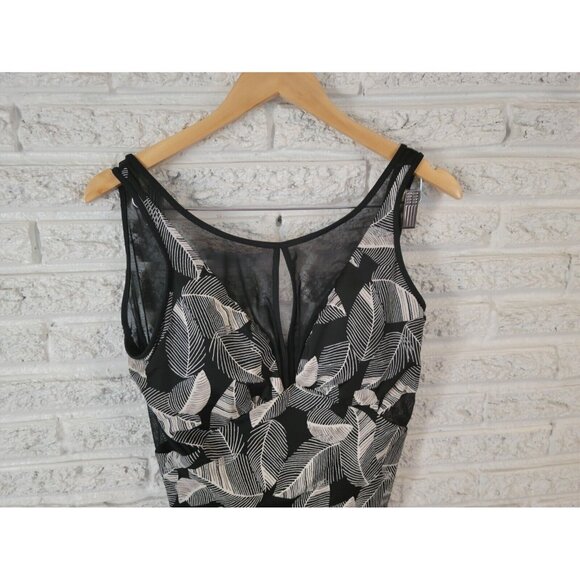 Time Tru Womens Swimsuit XL One Piece Black White Floral Mesh Plunge FLO335E - Picture 2 of 11